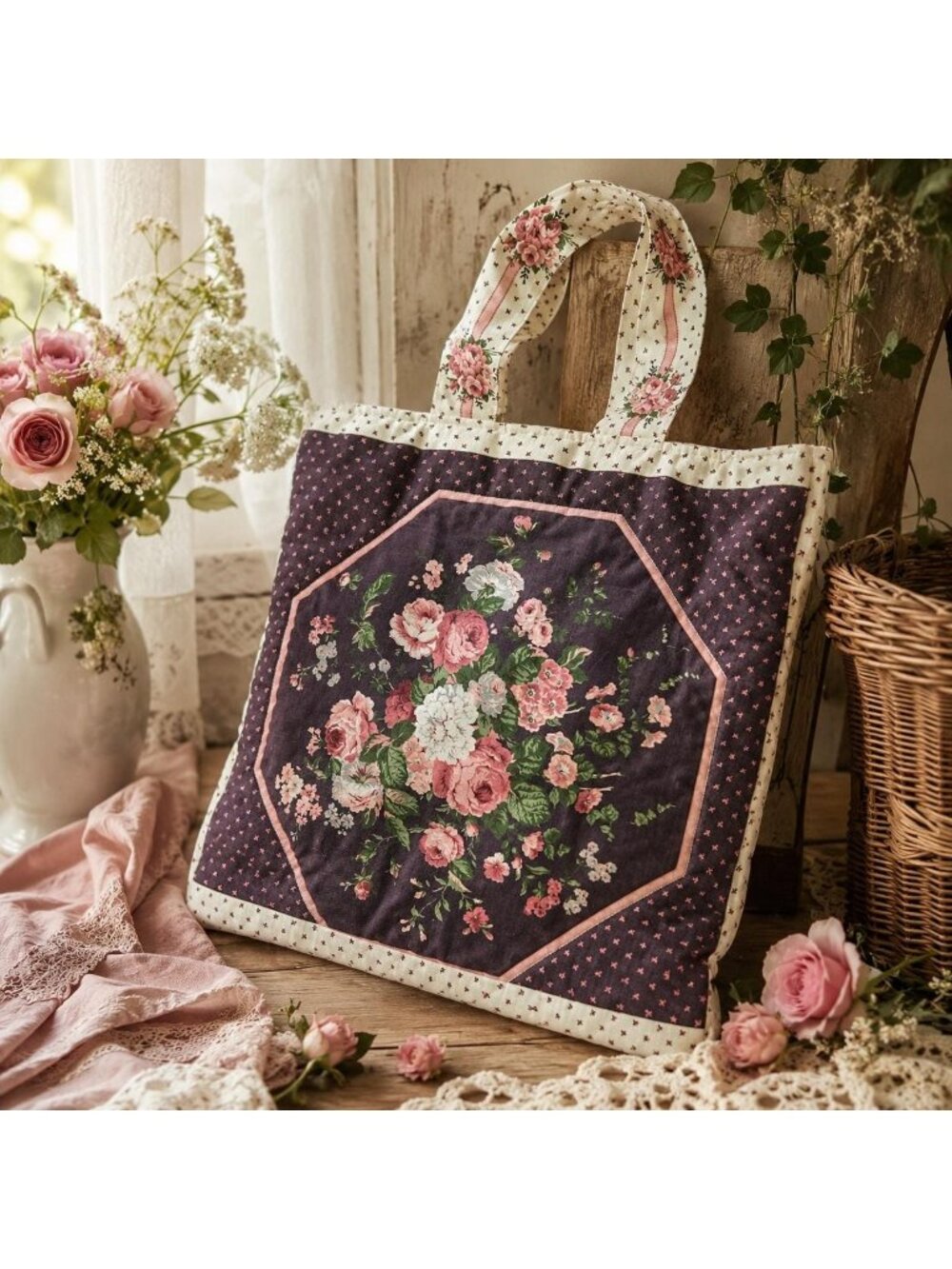 Vintage Handmade Floral Quilted Tote Bag – Cottagecore Rose Print Fabric Tote –